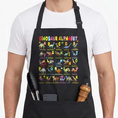 Abc dino dinosaur apron - Dinosaur Alphabet A-Z grid with cartoon reptiles and footprints in red blue green yellow — shown on a black cotton canvas apron against a white background