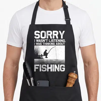Vacation fishing aprons - White distressed text sorry I wasn't listening fishing above fisherman on dock silhouette — shown on a black cotton canvas apron against a white background