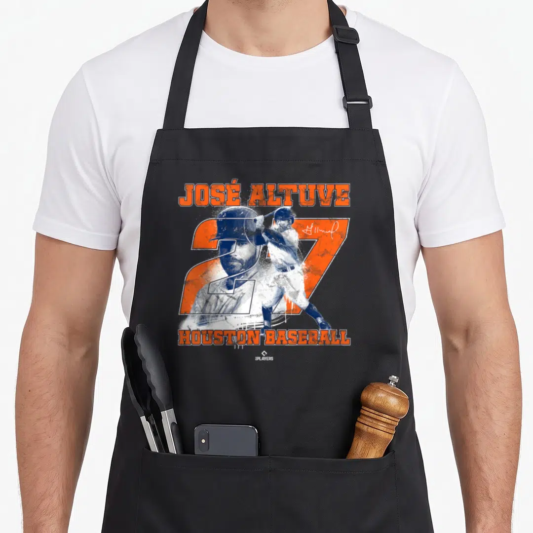Ballpark houston apron - José Altuve baseball player number 27 HOUSTON BASEBALL distressed orange blue white — shown on a black cotton canvas apron against a white background