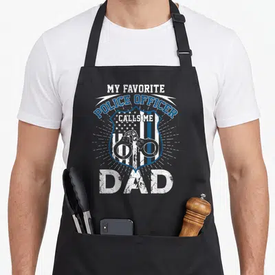 Police officer father day apron - Distressed blue and white badge with handcuffs and flag stripes and My Favorite — shown on a black cotton canvas apron against a white background