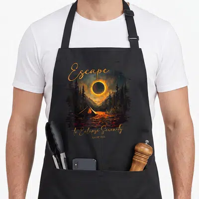 Total serenity apron - Gold script text above a solar eclipse glowing over a forest tent in black and brown tones — shown on a black cotton canvas apron against a white background