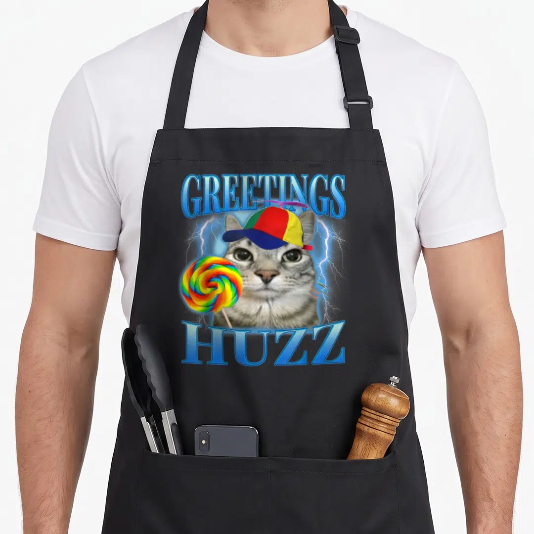 Huzz cat apron - Grey tabby cat in propeller cap holding rainbow lollipop with blue GREETINGS HUZZ text — shown on a black cotton canvas apron against a white background