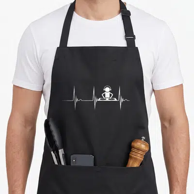 Producer djing apron - White minimalist graphic of DJ on turntables inside a heartbeat line on black fabric — shown on a black cotton canvas apron against a white background