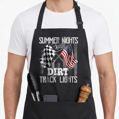 Summer track apron - Crossed checkered and American flags with distressed text SUMMER NIGHTS AND DIRT TRACK LIGHTS — shown on a black cotton canvas apron against a white background
