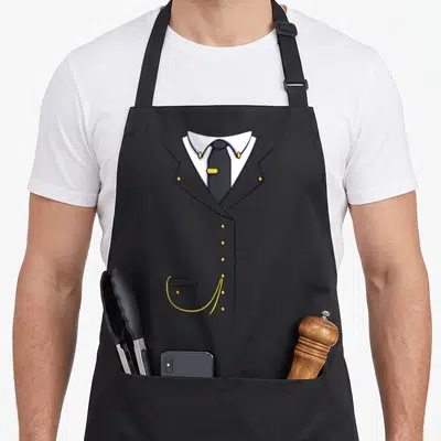 Train conductor halloween apron - Grey suit jacket cartoon with white shirt, dark tie, and gold buttons and chain — shown on a black cotton canvas apron against a white background
