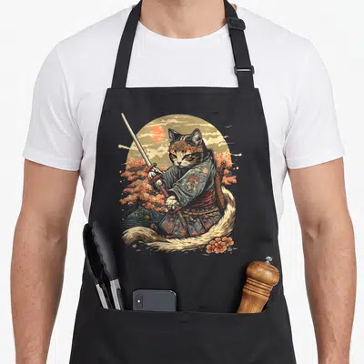 Japanese ninja cat apron - Retro samurai cat holding katana with red sun and cherry blossoms in blue and orange — shown on a black cotton canvas apron against a white background