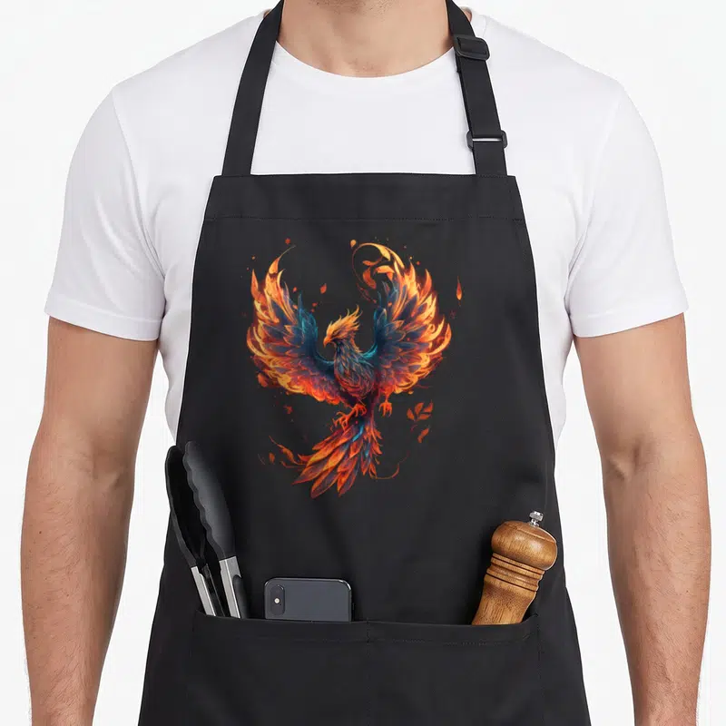 Phoenix bird apron - Realistic phoenix with spread wings in orange, blue, red, and yellow surrounded by floating embers — shown on a black cotton canvas apron against a white background