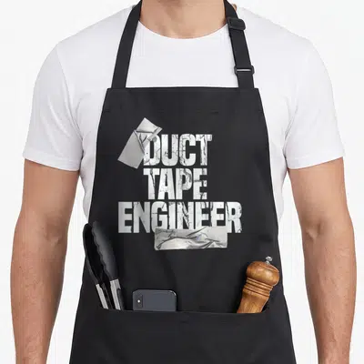 Duct grandpa apron - Distressed white text Duct Tape Engineer with silver tape strips on grey background — shown on a black cotton canvas apron against a white background