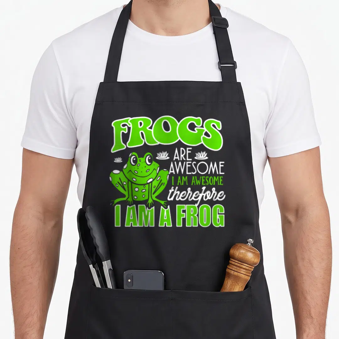 Funny toad frog aprons - Stacked text FROGS ARE AWESOME I AM AWESOME therefore I AM A FROG with small lotus icons — shown on a black cotton canvas apron against a white background