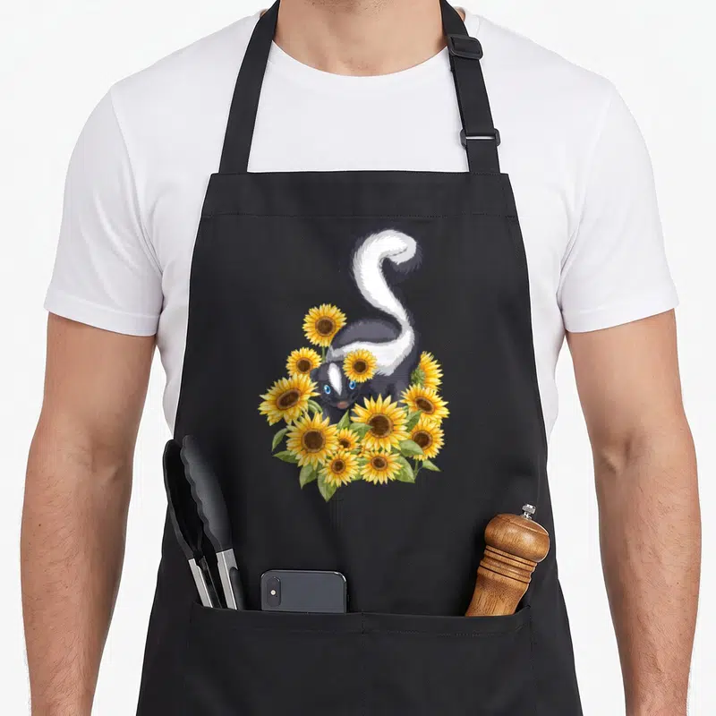 Skunk sunflower apron - Cartoon skunk with blue eyes surrounded by yellow sunflowers and green leaves — shown on a black cotton canvas apron against a white background