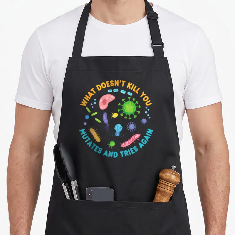 Kill biology apron - Circular text reading WHAT DOESN'T KILL YOU, MUTATES AND TRIES AGAIN surrounding colorful cartoon — shown on a black cotton canvas apron against a white background