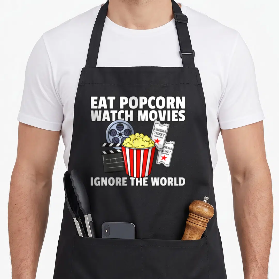 Eat popcorn addict apron - Cartoon popcorn bucket flanked by film reel, tickets, and clapperboard with bold text — shown on a black cotton canvas apron against a white background