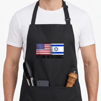 Jewish american flag apron - Merged US and Israeli flags with I STAND WITH ISRAEL text in red white blue and black — shown on a black cotton canvas apron against a white background