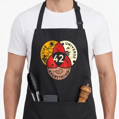 Answer science apron - Heart graphic with 42, Life Universe Everything, and Oh No Not Again in yellow red beige — shown on a black cotton canvas apron against a white background