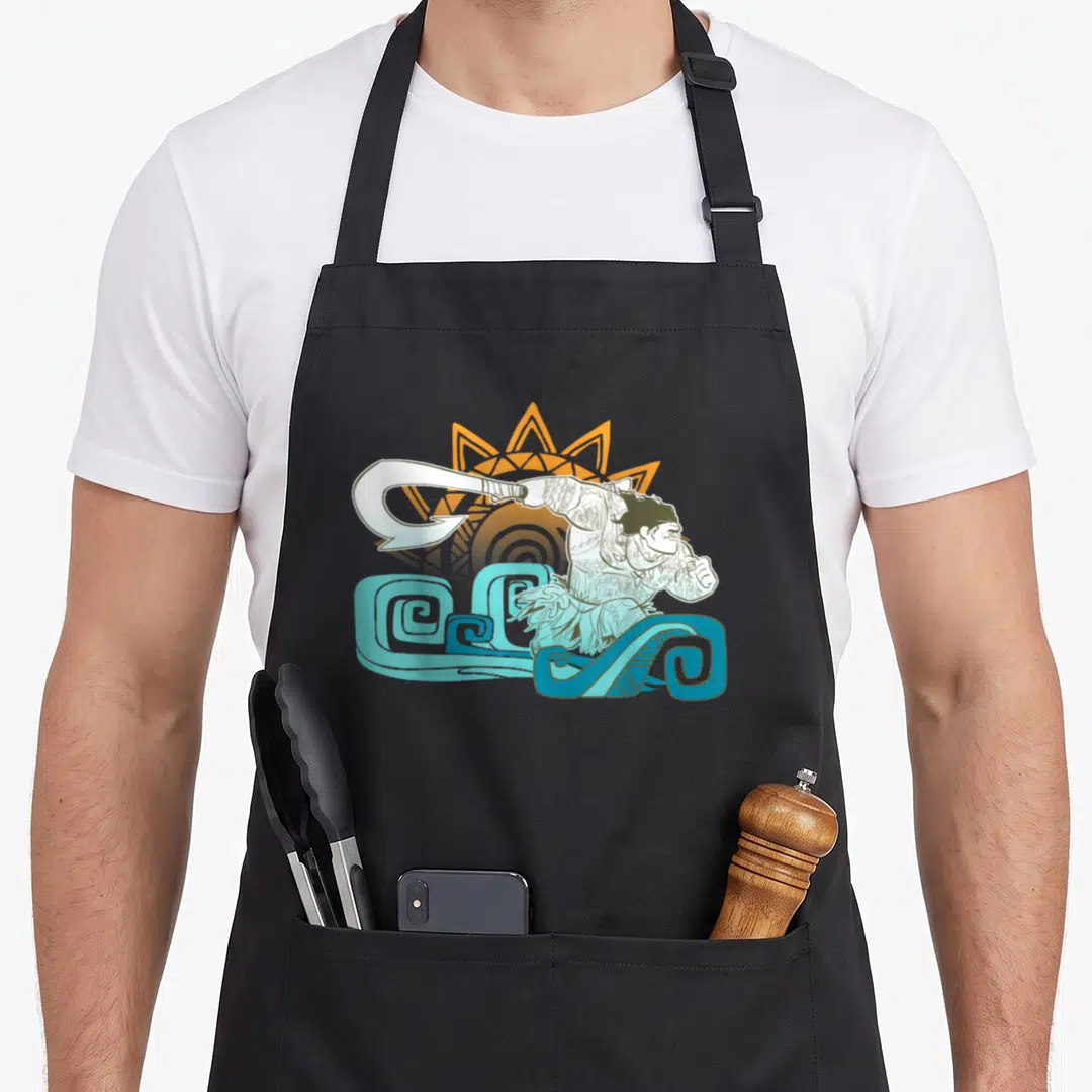 Maui hooks for aprons - Line art warrior with hook sword, orange sun, and blue stylized waves — shown on a black cotton canvas apron against a white background