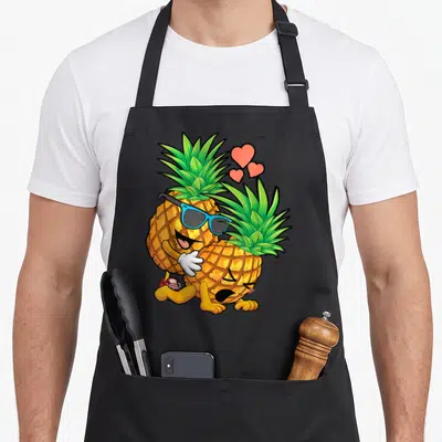 Upside swinger pineapple apron - Two hugging cartoon pineapples with blue sunglasses and three red hearts — shown on a black cotton canvas apron against a white background