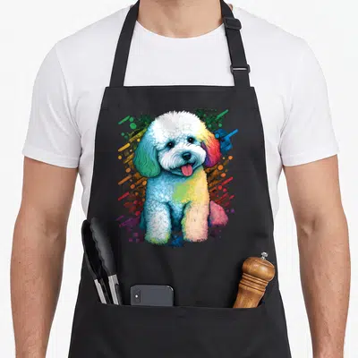 Cute bichon dog apron - Rainbow cartoon poodle with abstract paint splatters in white blue yellow pink green — shown on a black cotton canvas apron against a white background