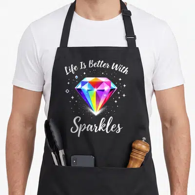 Diamond sparkling apron - Cartoon rainbow diamond with scattered sparkles and white arched text Life Is Better — shown on a black cotton canvas apron against a white background
