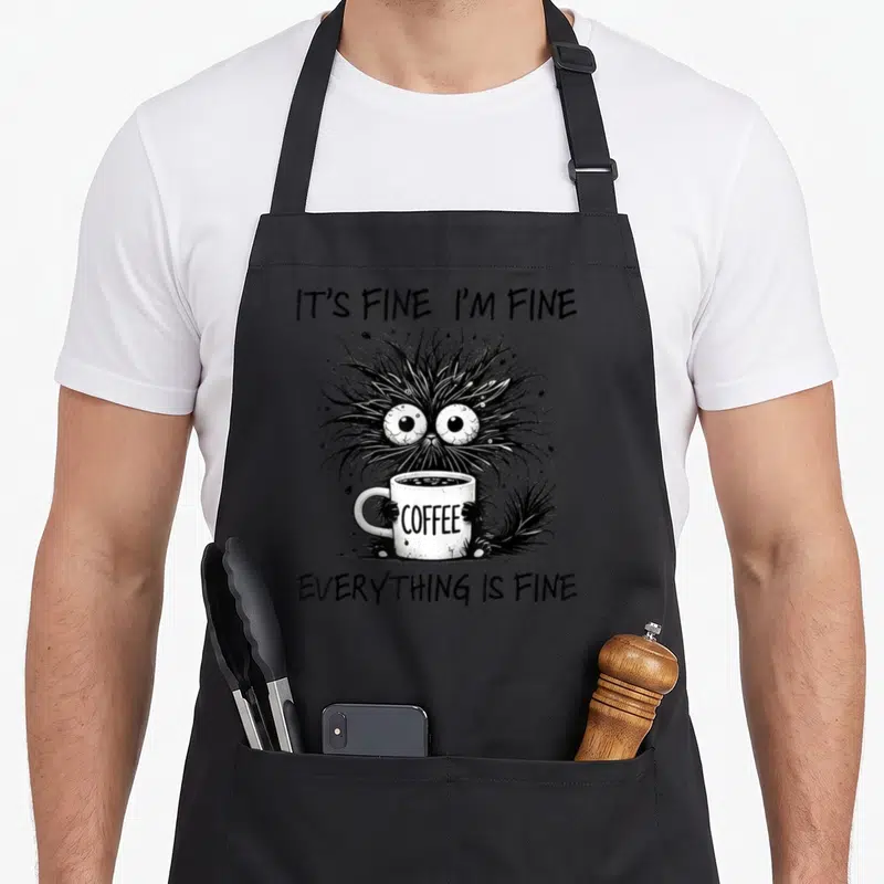 Fine feline apron - Black and white monster holding coffee mug with It's Fine I'm Fine text — shown on a black cotton canvas apron against a white background
