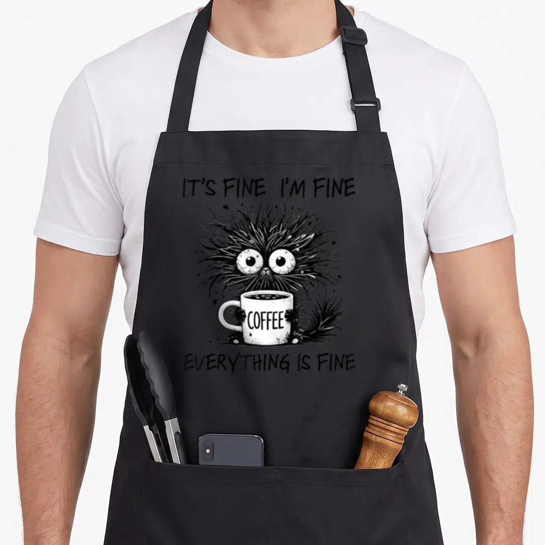 Fine feline apron - Black and white monster holding coffee mug with It's Fine I'm Fine text — shown on a black cotton canvas apron against a white background