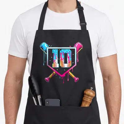 Drip 10th ice cream apron - Number 10 in shield with crossed bats, pink blue drips and sprinkles — shown on a black cotton canvas apron against a white background