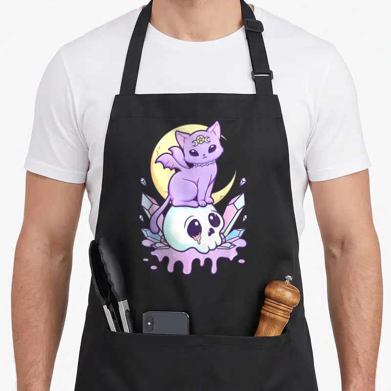 Pastel cat apron - Purple bat-winged cat on white skull with crystals and yellow moon — shown on a black cotton canvas apron against a white background