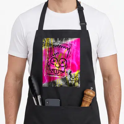 Bart lady comfort apron - Pixel art zombie Bart Simpson face in pink and yellow with small standing figure at bottom — shown on a black cotton canvas apron against a white background