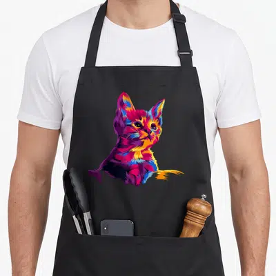 Colorful cat apron - Pop-art kitten portrait in purple, blue, red, orange, and yellow on black background — shown on a black cotton canvas apron against a white background