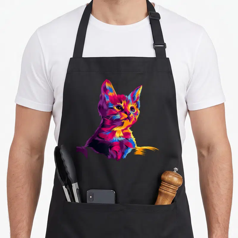Colorful cat apron - Pop-art kitten portrait in purple, blue, red, orange, and yellow on black background — shown on a black cotton canvas apron against a white background