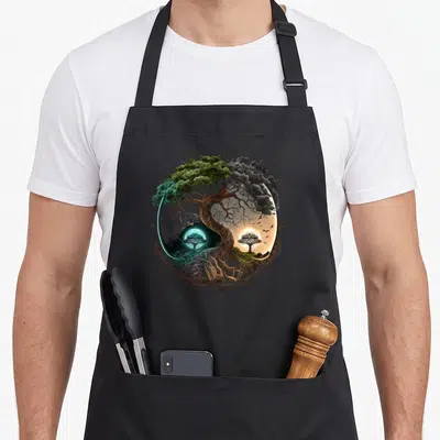 Yang tree apron - Realistic yin yang tree with moon sun and birds in brown green grey yellow teal — shown on a black cotton canvas apron against a white background