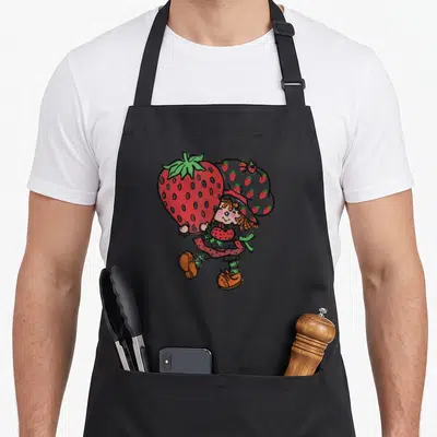 Mighty strawberry apron - Cartoon girl in strawberry hat holding giant red berry wearing orange boots — shown on a black cotton canvas apron against a white background