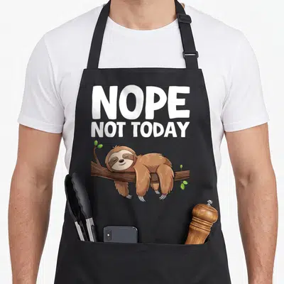 Today sloth apron - NOPE NOT TODAY text above cartoon sloth lying on branch — shown on a black cotton canvas apron against a white background