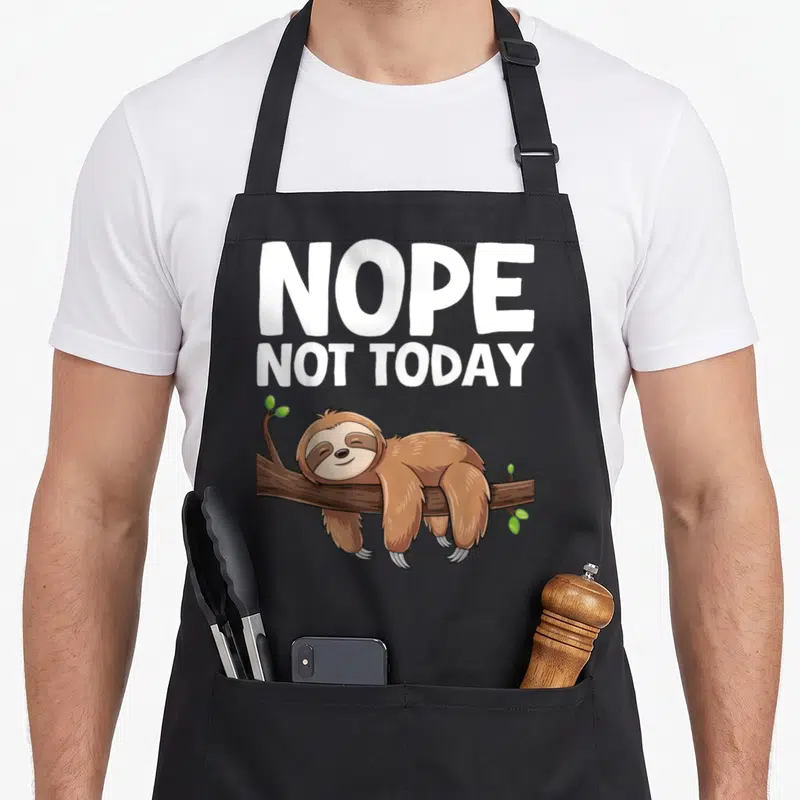 Today sloth apron - NOPE NOT TODAY text above cartoon sloth lying on branch — shown on a black cotton canvas apron against a white background