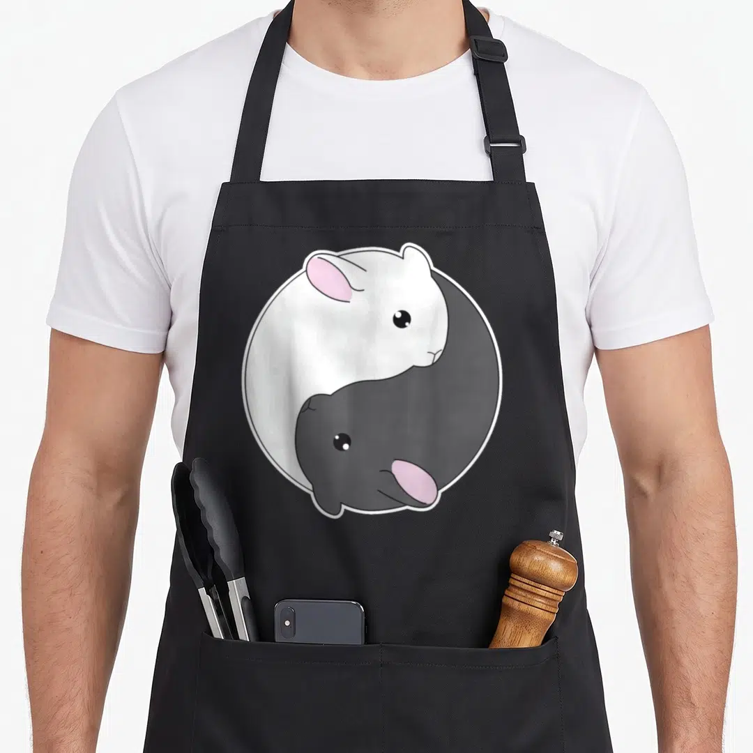 Yin golden chinchilla apron - Two cartoon bunnies curled as taijitu in white grey pink — shown on a black cotton canvas apron against a white background