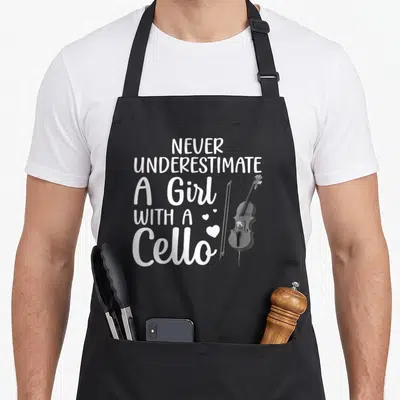 Cello themed aprons - White stacked text reading NEVER UNDERESTIMATE A Girl WITH A Cello next to a grey cello and bow — shown on a black cotton canvas apron against a white background