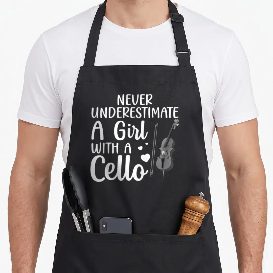 Cello themed aprons - White stacked text reading NEVER UNDERESTIMATE A Girl WITH A Cello next to a grey cello and bow — shown on a black cotton canvas apron against a white background