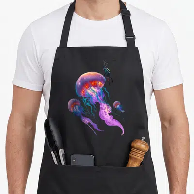 Jellyfish beautiful apron - Glowing purple jellyfish with scuba diver and two smaller jellyfish in realistic art style — shown on a black cotton canvas apron against a white background
