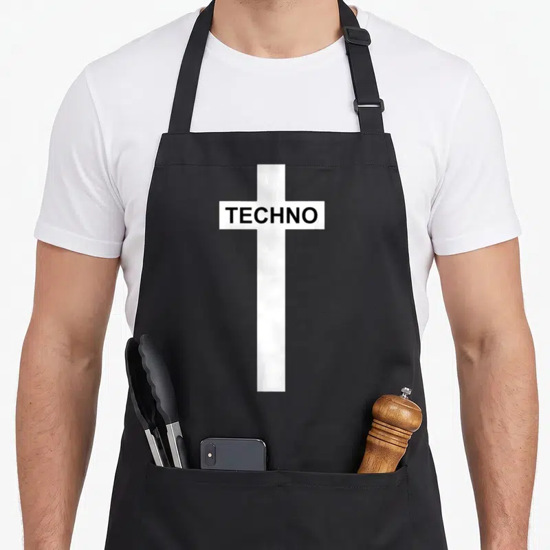 Berghain techno apron - White cross with TECHNO text in black block letters — shown on a black cotton canvas apron against a white background