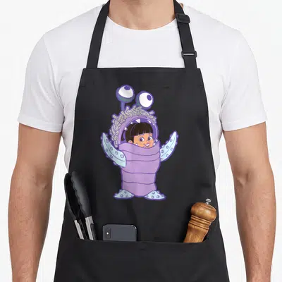 Boo monster apron - Girl face in purple costume with blue tentacles and tan hair — shown on a black cotton canvas apron against a white background