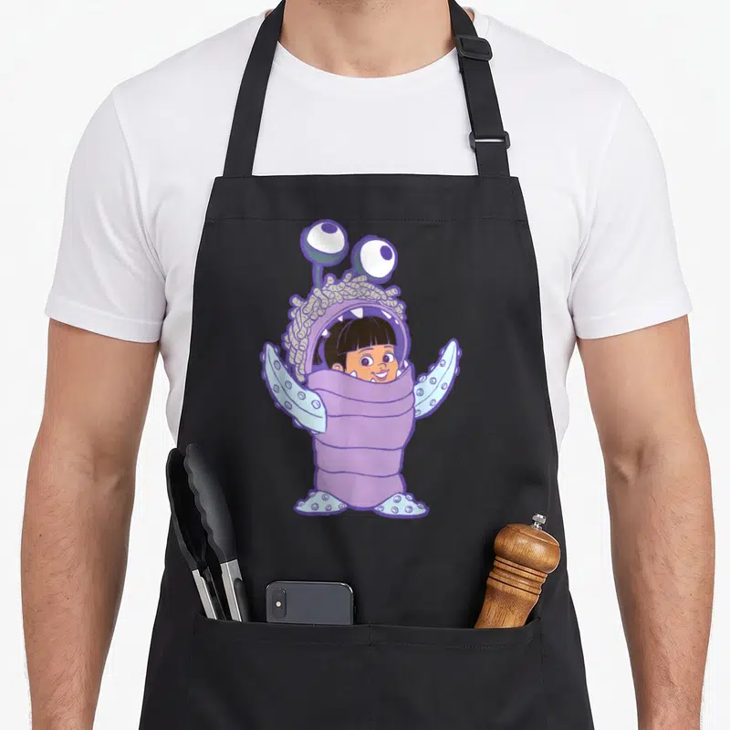 Boo monster apron - Girl face in purple costume with blue tentacles and tan hair — shown on a black cotton canvas apron against a white background