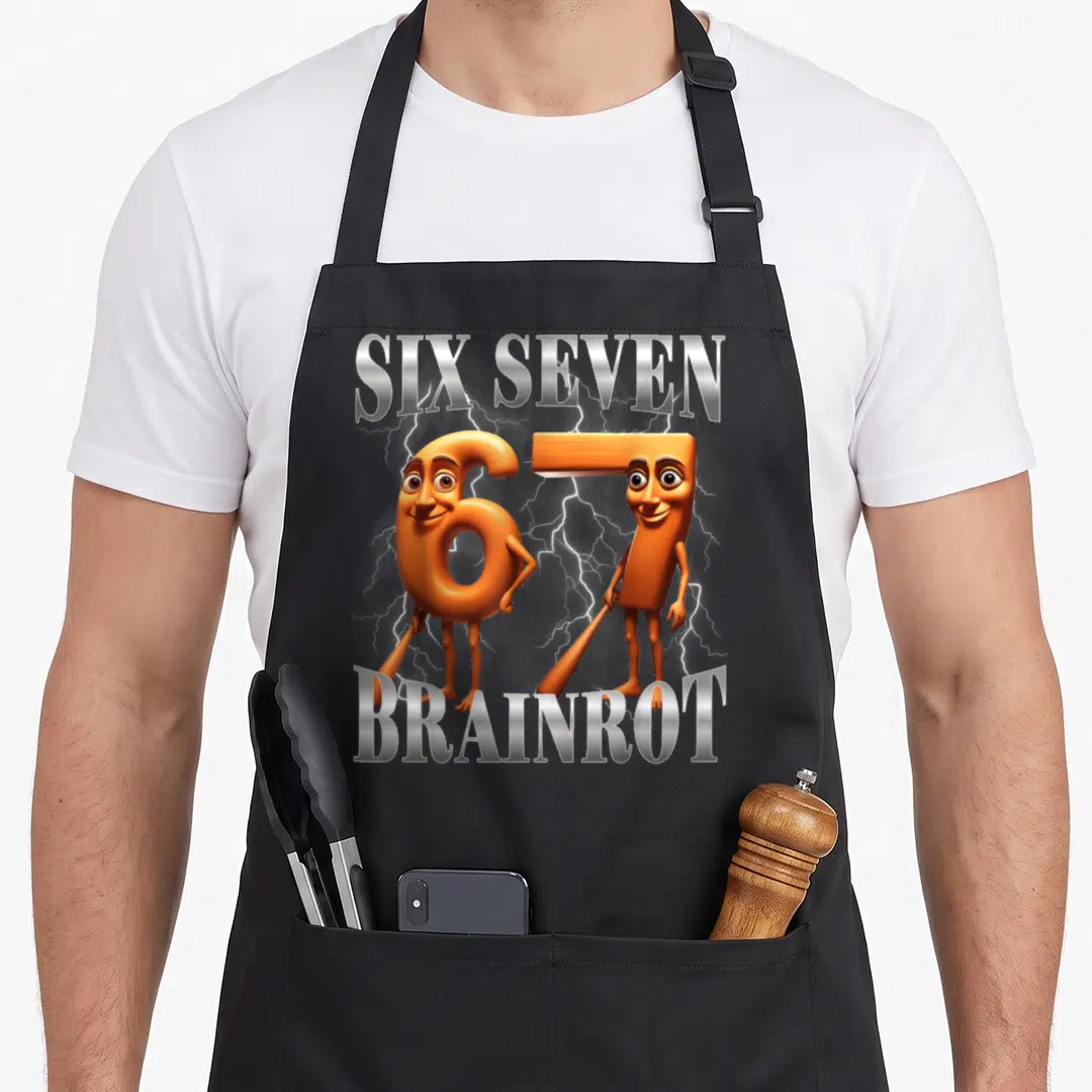 Tung italian apron - Orange anthropomorphic number 6 and 7 holding bats with silver text and white lightning bolts — shown on a black cotton canvas apron against a white background