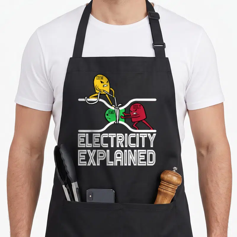 Ohm electricity apron - Three cartoon blobs labeled Ohm Amp and Volt pulling a white rope with Electricity Explained — shown on a black cotton canvas apron against a white background