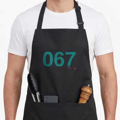 Costume squid apron - Teal 067 numbers with small Korean text below the digit seven — shown on a black cotton canvas apron against a white background