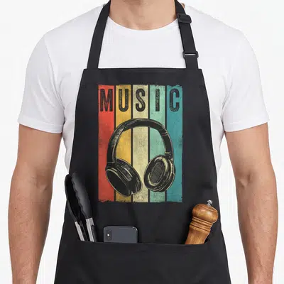 Electronic djing apron - Retro headphones and music text on red yellow cream and teal stripes — shown on a black cotton canvas apron against a white background