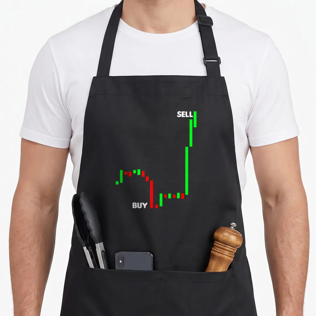 Pip stock aprons - Candlestick chart with green and red bars and white SELL BUY text — shown on a black cotton canvas apron against a white background