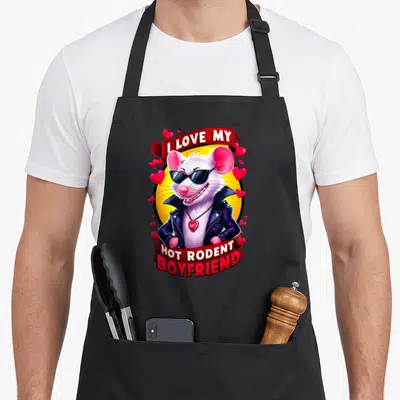 Hot rodent i love my mouse apron - Cartoon rat in sunglasses and jacket with red ribbon text and scattered hearts — shown on a black cotton canvas apron against a white background