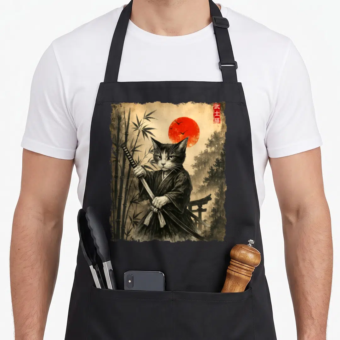 Samurai japanese cat apron - Watercolor cat warrior holding katana near bamboo and torii gate with red kanji text — shown on a black cotton canvas apron against a white background