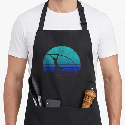 Pole distressed apron - Retro cyan and blue striped sun with grey pole vaulter silhouette — shown on a black cotton canvas apron against a white background
