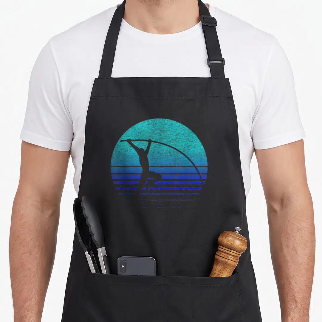 Pole distressed apron - Retro cyan and blue striped sun with grey pole vaulter silhouette — shown on a black cotton canvas apron against a white background