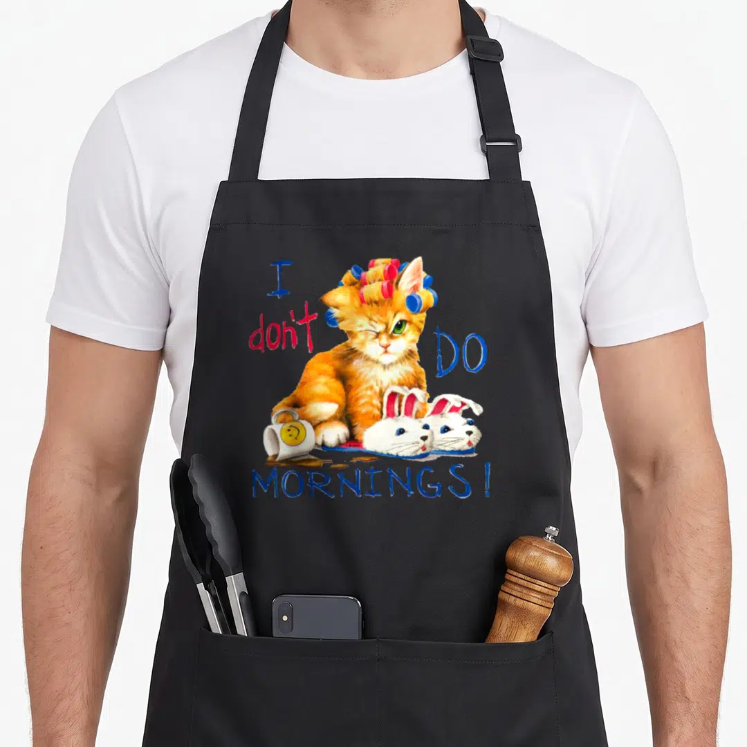 Morning cat apron - Orange cat in curlers and bunny slippers next to spilled coffee with text I don't DO MORNINGS! — shown on a black cotton canvas apron against a white background